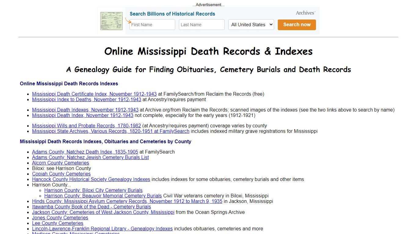 Online Mississippi Death Indexes, Records & Obituaries